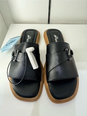 Black Women's Slide Sandals with Brown Sole